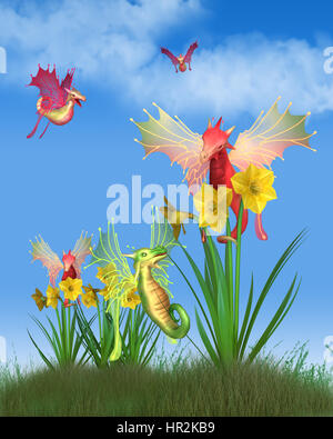 Illustration de fantaisie rouge et vert mignon dragons gallois volant autour d'un beau jaune jonquilles sur St David's Day (saint patron du Pays de Galles, le 1 mars Banque D'Images