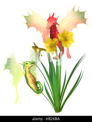 Illustration Fantasy de mignons petits dragons gallois rouge et vert et jaune jonquilles pour St David's Day, saint patron du Pays de Galles, le 1 mars Banque D'Images