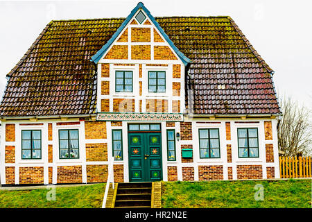 Häuser auf dem Deich dans Mittelnkirchen, Altes Land ; maisons dans Mittelnkirchen, Basse-Saxe Banque D'Images