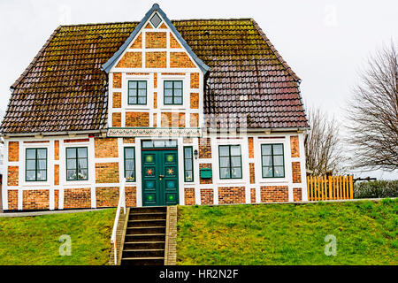 Häuser auf dem Deich dans Mittelnkirchen, Altes Land ; maisons dans Mittelnkirchen, Basse-Saxe Banque D'Images