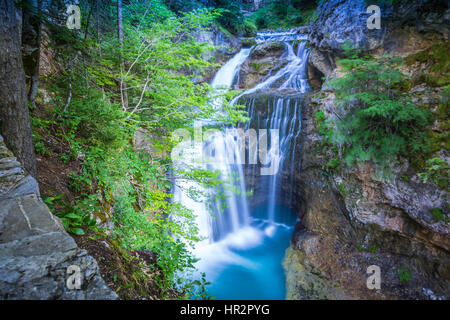 Petite montagne cascade sur les rochers couverts de mousse dans la forêt Banque D'Images