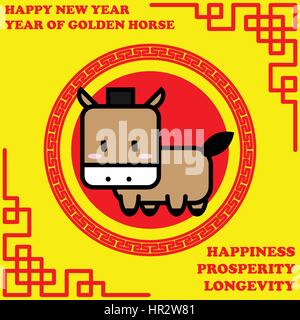 Bonne année de Golden Horse année sur fond d'or et la bonne parole pour la vie Illustration de Vecteur