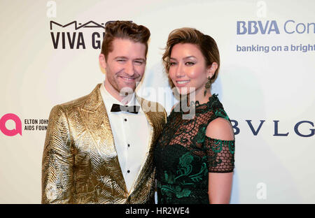 Matthew Morrison et sa femme Renee arrivant à la Elton John Oscar Party à Beverly Hills, Los Angeles, USA. Banque D'Images