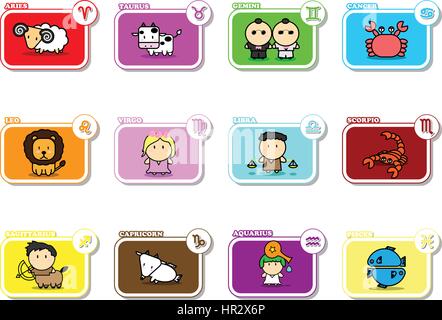 Douze signes du zodiaque dessin coloré vecteur icône symbole horoscope sur fond blanc Illustration de Vecteur