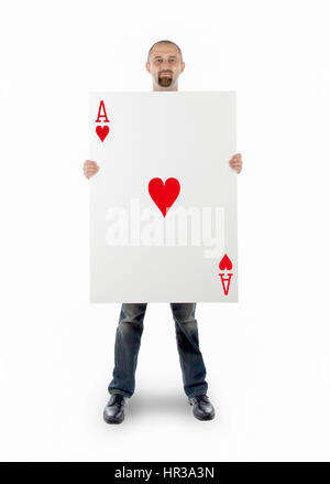 Businessman avec grande carte à jouer - Ace of Hearts Banque D'Images