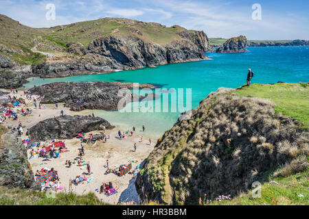 Grande Bretagne, sud-ouest de l'Angleterre, Cornwall, Péninsule du Lézard, l'été à vacacioners Kynance Cove Banque D'Images