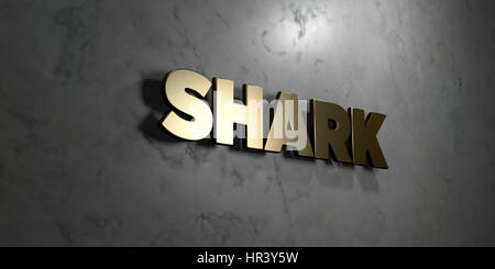 Shark - signe d'or monté sur le mur de marbre brillant - rendu 3D illustration libres de droits. Cette image peut être utilisée pour un site web en ligne bannière publicitaire Banque D'Images