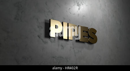 Pipes - signe d'or monté sur le mur de marbre brillant - rendu 3D illustration libres de droits. Cette image peut être utilisée pour un site web en ligne bannière publicitaire Banque D'Images