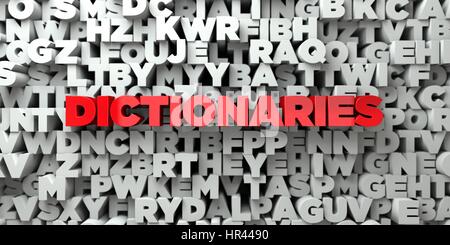 Dictionnaires - texte rouge sur fond typographie en rendu 3D - image image. Cette image peut être utilisée pour un site web en ligne ou une annonce de bannière Banque D'Images