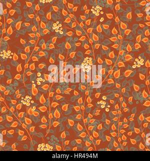Modèle texture décorative transparente avec orange gris feuilles et fruits jaunes sur fond brun. Modèle de feuille stylisée transparente. Illustration de Vecteur