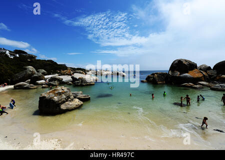 Les visiteurs à profiter du soleil sur la plage de Boulders beach dans la péninsule du Cap en Afrique du Sud. Banque D'Images