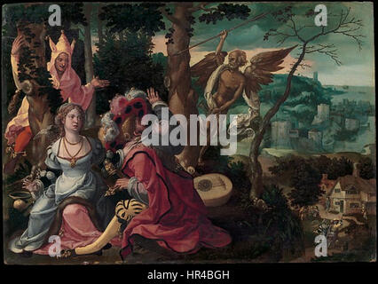 Cette œuvre de Pieter Coecke van Aelst dépeint un récit dramatique d'amants rencontrant la mort et un idiot, mêlant allégorie et réalisme dans le style de la Renaissance du Nord. Banque D'Images