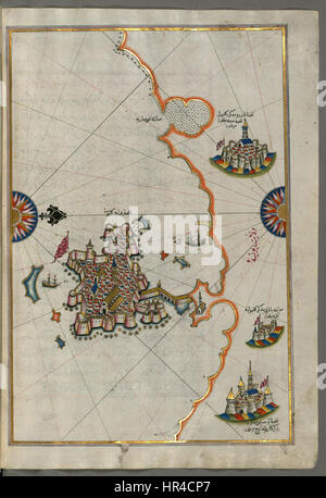 La carte de Gallipoli et Nardo de Piri Reis illustre les compétences impressionnantes du cartographe turc en navigation et en géographie. Créée au début du XVIe siècle, cette carte offre un aperçu précieux de la compréhension de la côte italienne par l’Empire ottoman. Il est significatif à la fois pour sa précision historique et géographique, représentant les villes côtières et les monuments avec des détails remarquables. Banque D'Images