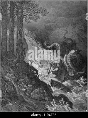 'Orlando Furioso 27' fait partie d'une série d'illustrations inspirées du poème épique de Ludovico Ariosto. Cette pièce met en valeur les éléments dramatiques et fantastiques de l'histoire, capturant les exploits héroïques et la profondeur émotionnelle des personnages dans le récit du poème épique. Banque D'Images