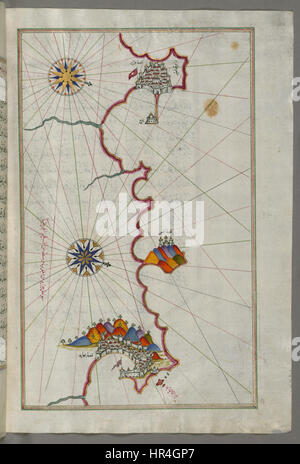 La carte du XVIe siècle de Piri Reis de la côte algérienne, d’Alger à Béjaïa, est un morceau exceptionnel de l’histoire cartographique. Le détail de la carte met en valeur la compréhension géographique de la période. Banque D'Images