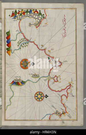 La carte de Piri Reis de la côte algérienne offre une représentation détaillée de la région, mettant en valeur ses compétences en cartographie et navigation. La carte, créée au début du XVIe siècle, met en évidence les principales villes côtières telles que Bejaia, Annaba et Constantine. Banque D'Images