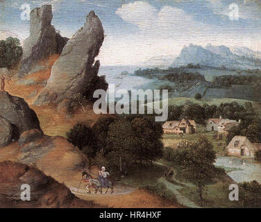 Paysage avec la Fuite en Égypte, une peinture à l'huile sur panneau de Joachim Patinir, un artiste flamand, créée entre 1516 et 1517. Banque D'Images