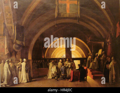 La peinture de Marius Granet représente l’ordination de Jacques de Molay, dernier grand maître des Templiers, en 1265 à la Commanderie de Beaune. La scène se déroule dans un contexte historique, reflétant les rituels religieux médiévaux et le rôle important de l'ordre des Templiers. Banque D'Images