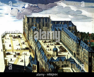 Le Palais du Coudenberg, représenté dans une illustration de 1649, met en valeur la grande architecture de ce palais historique de Bruxelles. L’œuvre met en valeur le design détaillé du palais, y compris ses façades grandioses et ses cours intérieures, représentatives de la noblesse européenne du XVIIe siècle. Banque D'Images