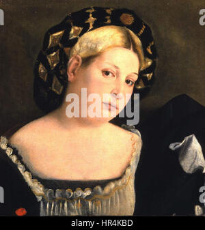 Ce portrait de Jacopo Palma il Vecchio représente une femme, montrant son habileté à capturer la mode de la Renaissance, l'expression humaine et la profondeur psychologique de ses sujets. Banque D'Images