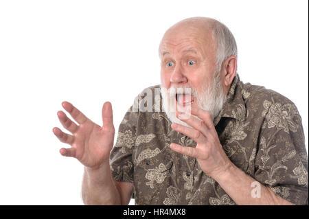 Choqué senior man with grimace de peur, isolated on white Banque D'Images