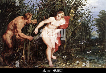 Pan et Syrinx, une peinture à l'huile sur panneau de chêne par Peter Paul Rubens, un peintre flamand, créée entre 1617 et 1619. Banque D'Images