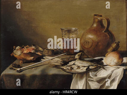 Pieter Claesz. 007' fait référence à une peinture de nature morte du maître néerlandais Pieter Claesz. Connu pour ses détails exquis, Claesz capture des objets de tous les jours tels que la nourriture, la verrerie et d'autres symboles de vanité, soulignant le caractère éphémère de la vie. Banque D'Images