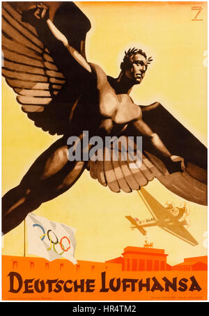 "Deutsche Lufthansa German Airlines" affiche pour promouvoir les Jeux Olympiques de 1936 en Allemagne nazie, remarque la croix gammée partiellement obscurci sur la tailfin de l'avion volant à basse altitude au-dessus de la porte de Brandebourg. Illustration de l'artiste prolifique Ludwig Hohlwein (1874-1949). Banque D'Images