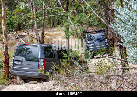 Véhicules Land Rover conduisant hors route dans le cadre d'une activité Land rover Experience en Nouvelle-galles du Sud, Australie Banque D'Images