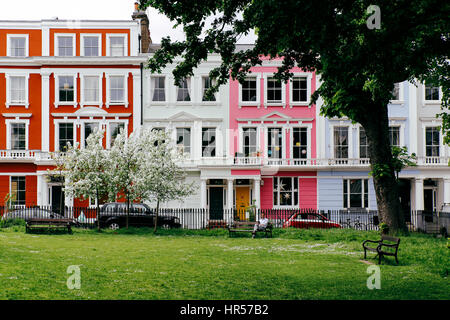 La lecture de l'homme dans Chalcot Square Gardens, Terrasse maisons colorées de Primrose Hill sur l'arrière-plan. Primrose Hill est l'un des plus chers de séjourner Banque D'Images