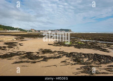 Plage de Scarborough, sur la côte de North Yorkshire, Angleterre. Une ville balnéaire historique bien connu. Banque D'Images