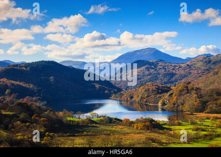 Vue le long de la vallée Llyn Gwynant lac et montagne en Aran an éloignés du Parc National de Snowdonia (Eryri) en automne. Nant Gwynant Gwynedd North Wales UK Banque D'Images