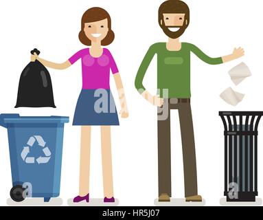 Homme, Femme se jette dans les ordures poubelle. L'écologie, de l'illustration vectorielle rubbish removal Illustration de Vecteur