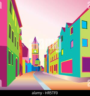 Voyage funky. rue piétonne en ville européenne. panorama coloré vecteur ville historique en 1960, le pop art style. Illustration de Vecteur
