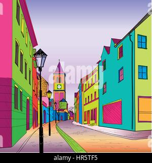 Voyage funky. rue piétonne en ville européenne. panorama coloré vecteur ville historique en 1960, le pop art style. Illustration de Vecteur