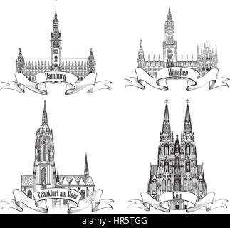 Jeu d'étiquettes de voyage ville geman. Hambourg, Munich, Cologne, Frankfurt am Main, Allemagne, Europe. hand drawn vector town jeu de symboles. Illustration de Vecteur