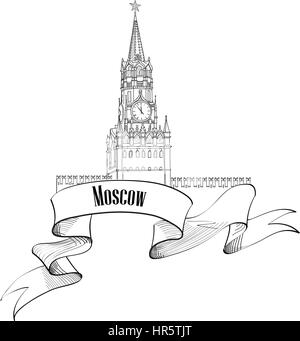 Spasskaya Bashnya, la place rouge, Kremlin. moscow city label. billet russie vecteur icône illustration dessiné à la main. Illustration de Vecteur