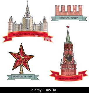 Jeu d'étiquettes de la ville de Moscou. mur de brique rouge, Spasskaya Bashnya, université d'état de Moscou, kremlin star voyage vecteur icône. collection. Illustration de Vecteur