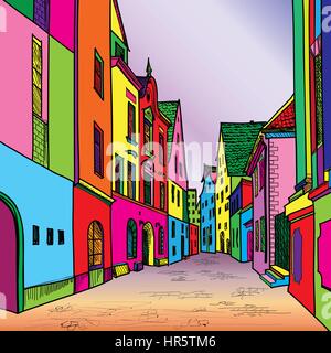 Voyage funky. predistant dans la rue ville euoropean panorama coloré vecteur ville. Contexte En 1960, le pop art style. Illustration de Vecteur