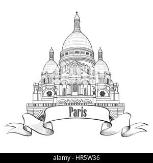 Paris Monument la basilique du Sacré Coeur de Montmartre paris bâtiment. symbole. billet paris signe gravé main. croquis. Illustration de Vecteur