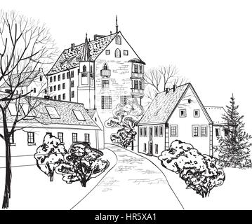 Rue piétonne, dans la vieille ville européenne avec une tour sur l'arrière-plan. ville historique rue. part croquis de paysage urbain. vector illustration. Illustration de Vecteur