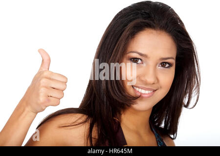 Femme Thumbs up sign isolé sur fond blanc Banque D'Images