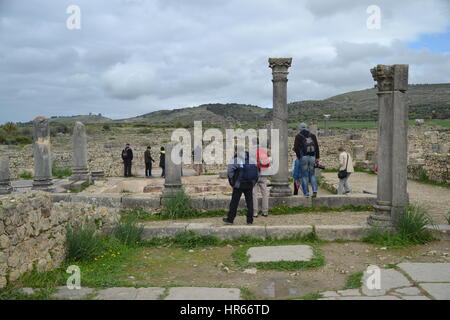 Volubilis est partiellement excavé et berbère au Maroc ville romaine située près de la ville de Meknès, communément considérée comme ancienne capitale du royaume de Maurétanie Banque D'Images