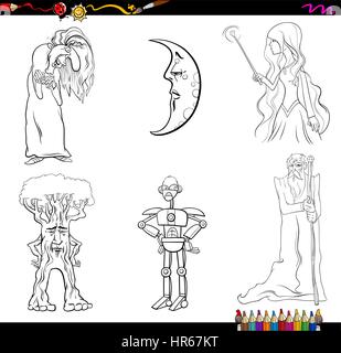 Illustration Cartoon noir et blanc de personnages fantastiques Set Coloriage Illustration de Vecteur