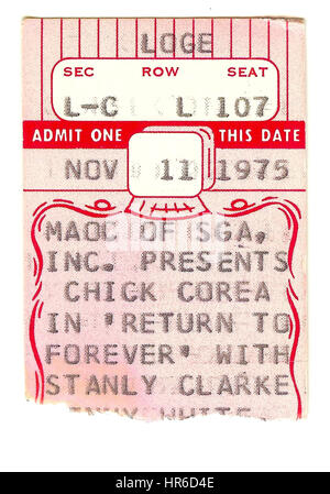 NEW YORK, NY - 11 novembre : talon de billet de Return To Forever (Chick Corea, Stanley Clarke, Al Di Meola et Lenny White) effectuant au Beacon Theatre de New York le 11 novembre 1975 Banque D'Images