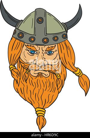 Style croquis dessin illustration d'un norseman guerrier viking raider chef barbare barbe avec vue de l'avant ensemble isolées sur fond blanc. Illustration de Vecteur