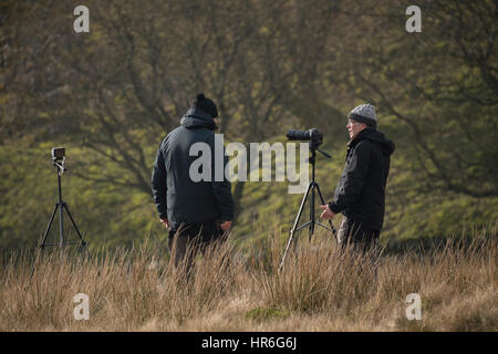 Leurs caméras sur des trépieds, deux hommes amateurs de train spotters () discutent alors que pour attendre le prochain train - North Yorkshire, Angleterre. Banque D'Images