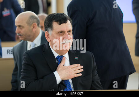 Genève, Suisse. Feb 27, 2017. Soutenu par l'ONU le premier ministre libyen, Fayez Serraj assiste à l'ouverture du 34ème Conseil des droits de l'homme session à Genève, Suisse, le 27 février, 2017. Credit : Xu Jinquan/Xinhua/Alamy Live News Banque D'Images