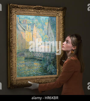 Bonhams, Londres, 27 février 2017. Un membre du personnel de Bonham se redresse Henri Le Sidaner's 'Matin doré', qui devrait récupérer entre £150 000 et 200 000 €, à l'impressionniste Bonhams et vente d'art moderne à l'aperçu de la presse leur Mayfair Gallery de Londres. Crédit : Paul Davey/Alamy Live News Banque D'Images