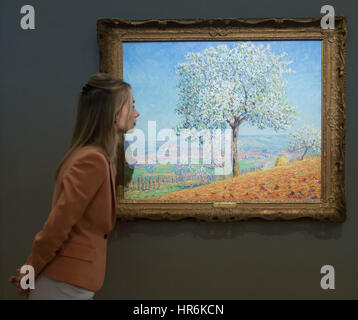 Bonhams, Londres, 27 février 2017. Un membre du personnel de Bonhams admire Francis Picabia's 'Les soutient en fleurs Villeneuve-sur-Yonne", qui devrait vendre pour 130 000 € entre 180 000 € et, à l'impressionniste Bonhams et vente d'art moderne à l'aperçu de la presse leur Mayfair Gallery de Londres. Crédit : Paul Davey/Alamy Live News Banque D'Images